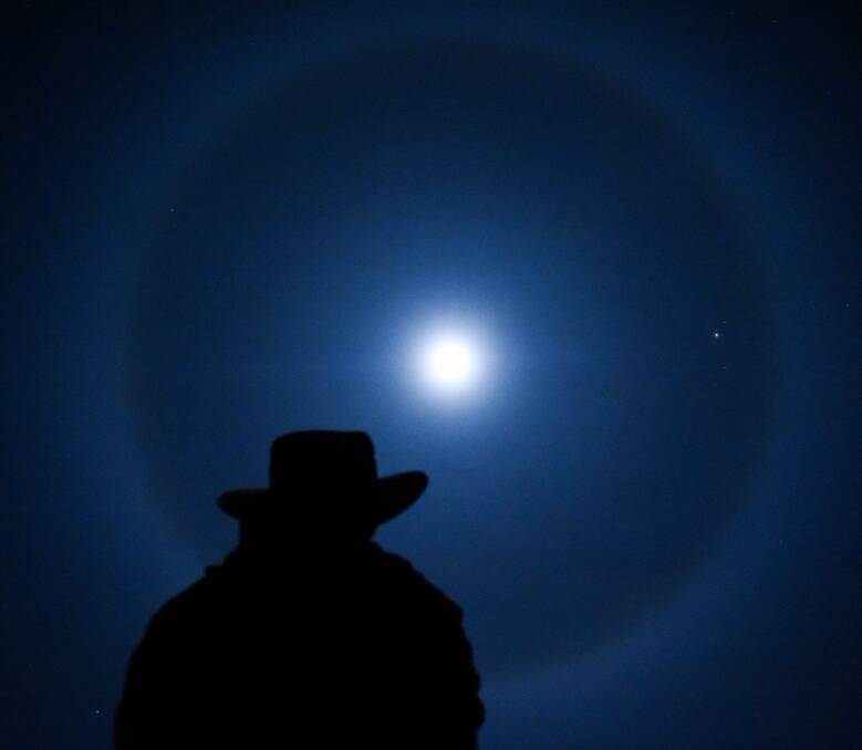 SERIOUS MOONLIGHT: An onlooker in Albury gazes at the halo which surrounded the moon on Friday night. The ring is water vapor high in the sky lit up by moonlight. Picture: MARK JESSER