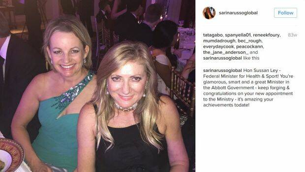Sussan Ley celebrates with multimillionaire political donor Sarina Russo at a party in 2015.