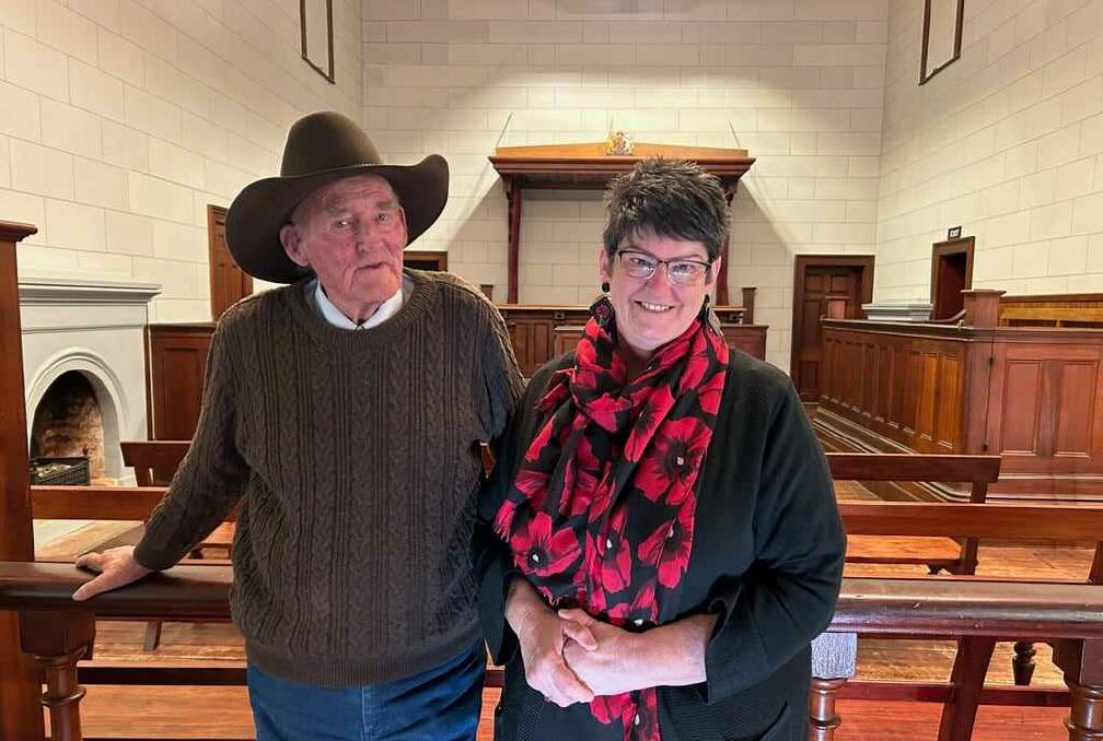 'Emotional experience' ... Kelly Gang descendants Noeleen Lloyd with her father Ken Lloyd, 85, who enjoyed a preview tour of the new $1m Beechworth Courthouse Kelly Trials exhibition. Picture supplied