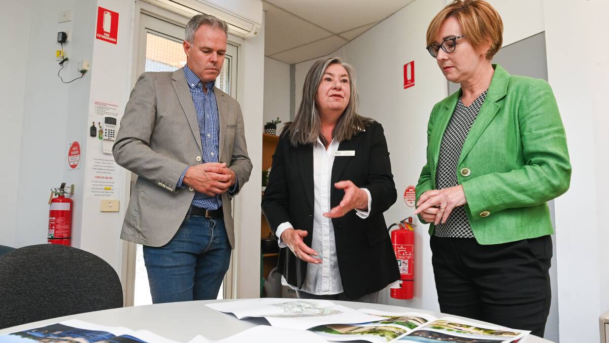 Housing Plus CEO Justin Cantelo with Yes Unlimited CEO Di Glover and NSW Minister for Women Jodie Harrison visited Albury in November, 2023 to confirm plans for the $6.1m refuge for women and children escaping domestic and family violence. Picture by Mark Jesser