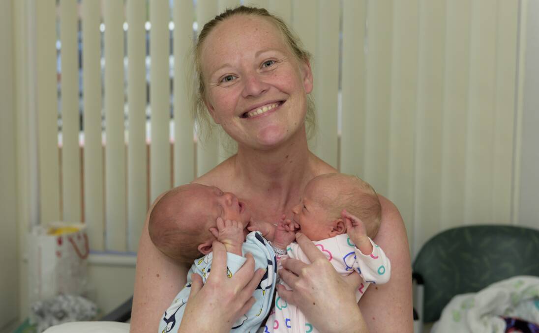 Double delight:  Mum Theresa Hopson with twins Solomon and Annabelle, who were born premature and have been receiving tender loving care at Wodonga's Special Care Nursery. Picture: SIMON BAYLISS