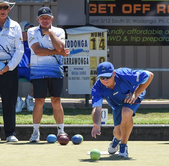 BACK IN TOWN: Wodonga's Mark Coulston sends down a bowl in its 117-89 victory over Yarrawonga at Wodonga on Saturday. Picture: MARK JESSER