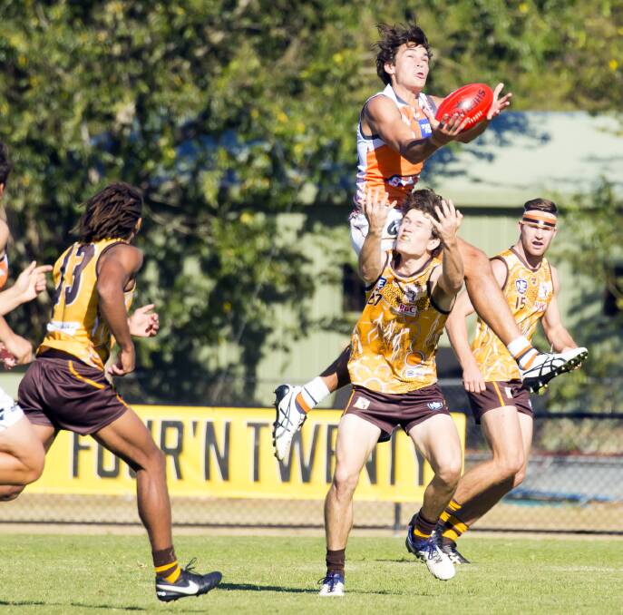 CDHBU's Matt Walker soars high to take a mark for GWS Giants in the NEAFL earlier this season. He will make his debut for the Murray Bushrangers on Saturday.