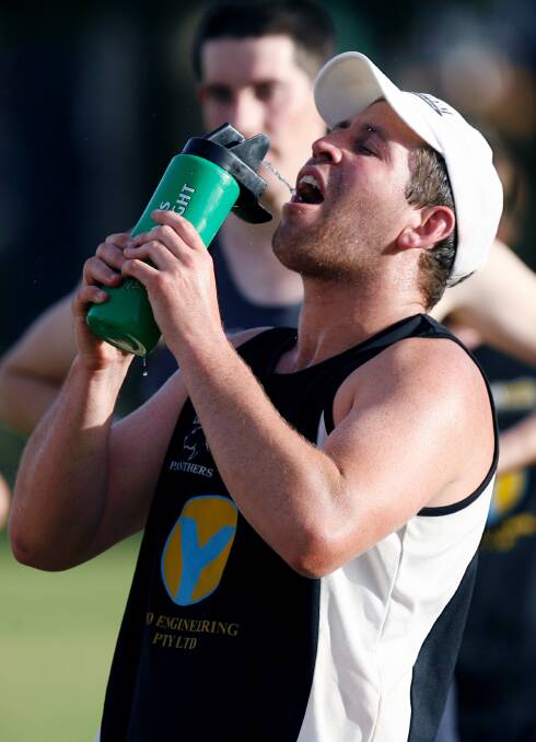 Matt Pendergast feels the heat during a rare running drill at pre-season training at Lavington Oval. He was a different player when the footballs came out.