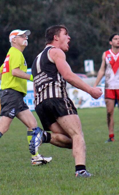 MATCH-WINNER: Magpie Dan McCarthy slots a goal against Federal in the first semi-final at Corryong. Picture: DEB HARRAP