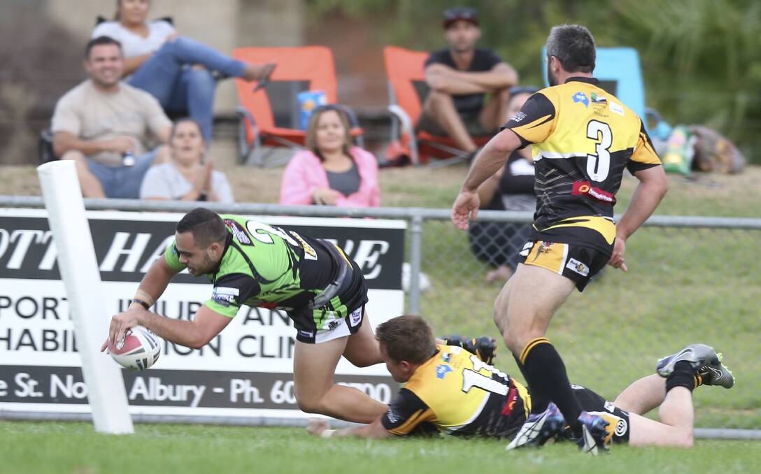 MAN OF THE MOMENT: Lachie Hampton scores out wide for Albury Thunder in their thrilling win over Gundagai. Picture: ELENOR TEDENBORG