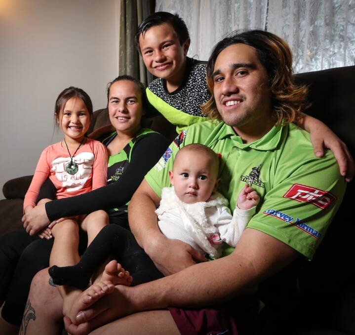 HAPPY DAYS: Albury Thunder star Shannon Rupapere with his wife Pani and children, Isaiah, Pepe and Bella. The couple will play in Group 9 finals this weekend. Pictures: JAMES WILTSHIRE