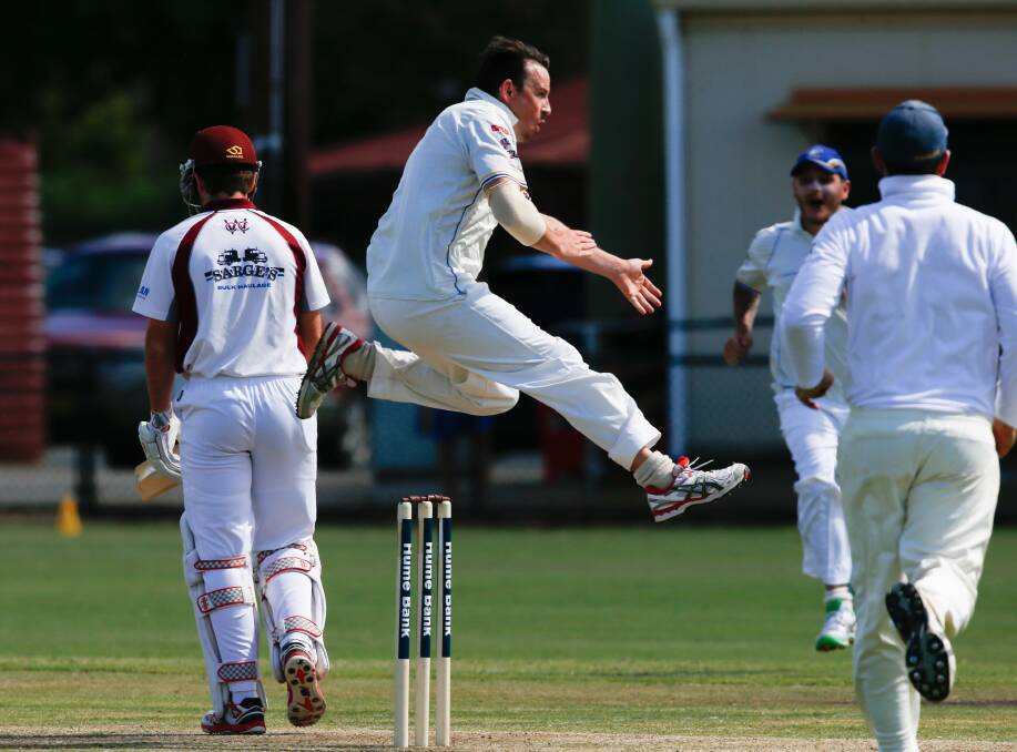 Belvoir opening bowler Matt Jaensch celebrates one of his six wickets in the CAW grand final against Wodonga at Les Cheesley Oval.