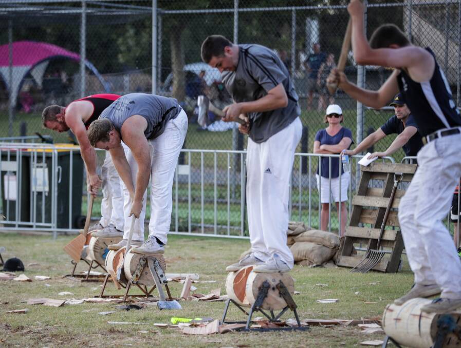  Wangaratta's Bryce Willoughby in action during the woodchopping on Saturday.