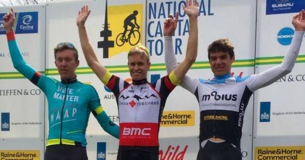 Albury cyclist Jesse Featonby celebrates his win in the National Capital Tour in September.