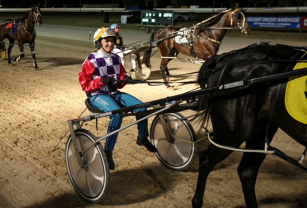 IN THE BOX SEAT: Driver Ellen Tormey guided Brallos Pass to victory in Saturday night's Albury Pacers Cup. Picture: JAMES WILTSHIRE