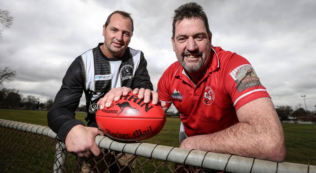 DOWN TO BUSINESS: Border-Walwa's Craig Bosley and Federal's Gerard Midson will call the shots from the sidelines at Corryong on Saturday. Picture: JAMES WILTSHIRE