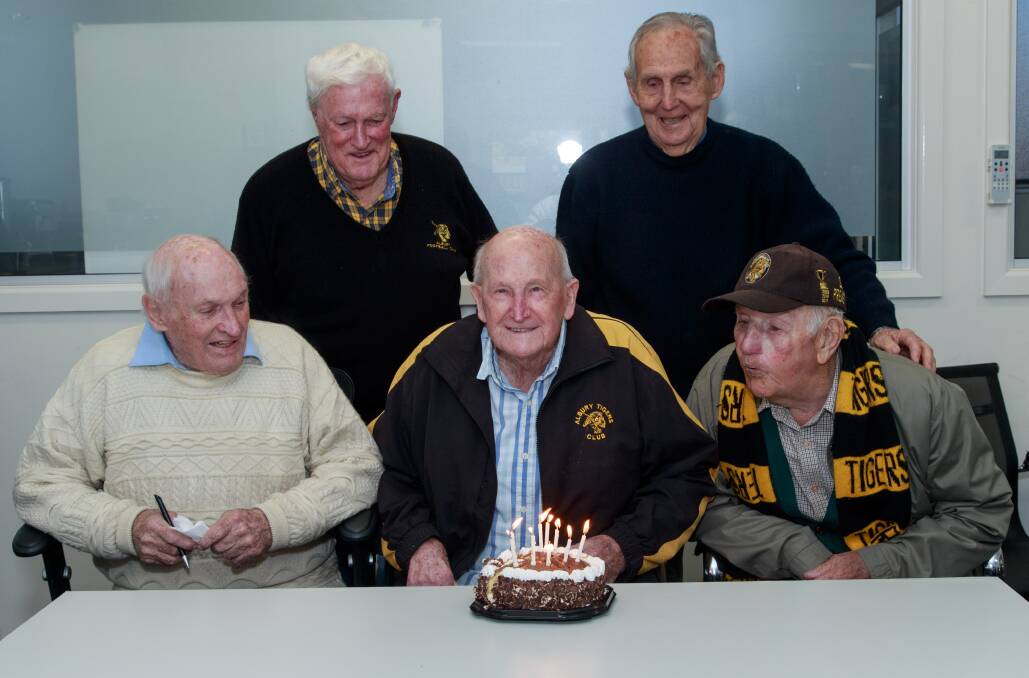 HAPPY DAYS: Joe Ratcliffe, Barney Cain, Maurie Gulson, Keith 'Chum' Ried and Jack Withers at the Albury Sportsground. Picture: SIMON BAYLISS