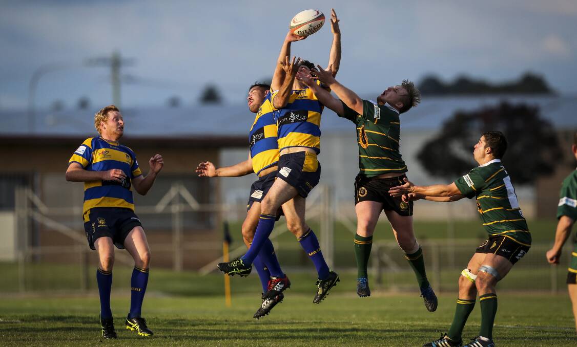 UP AND ABOUT: Albury-Wodonga Steamers and Ag College players go head-to-head at Murrayfield on Saturday. Picture: JAMES WILTSHIRE