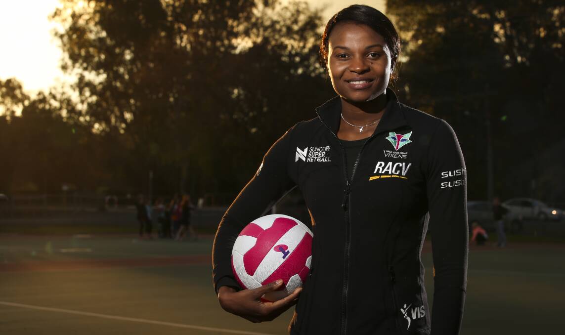 Melbourne Vixens star Mwai Kumwenda held a Netball Victoria coaching clinic at J.C. King Park on Monday night. About 60 youngsters took part in the session.