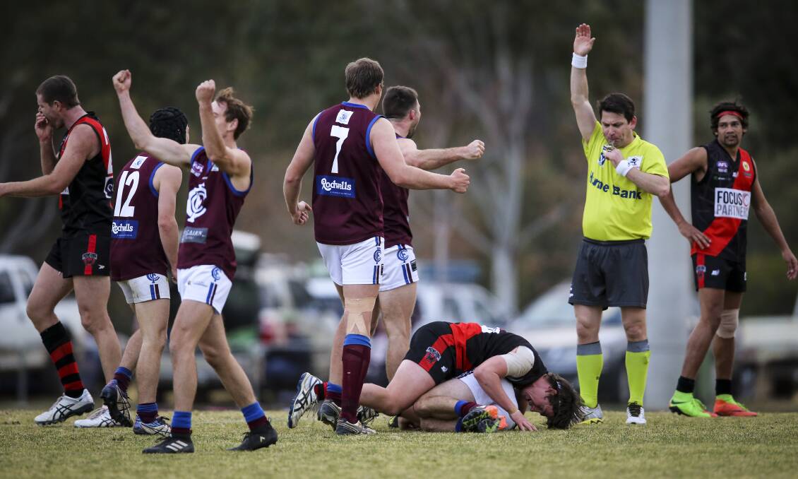 FINAL SIREN: Culcairn celebrate its thrilling win over fellow finals contender Howlong at Howlong on Saturday.  Picture: JAMES WILTSHIRE