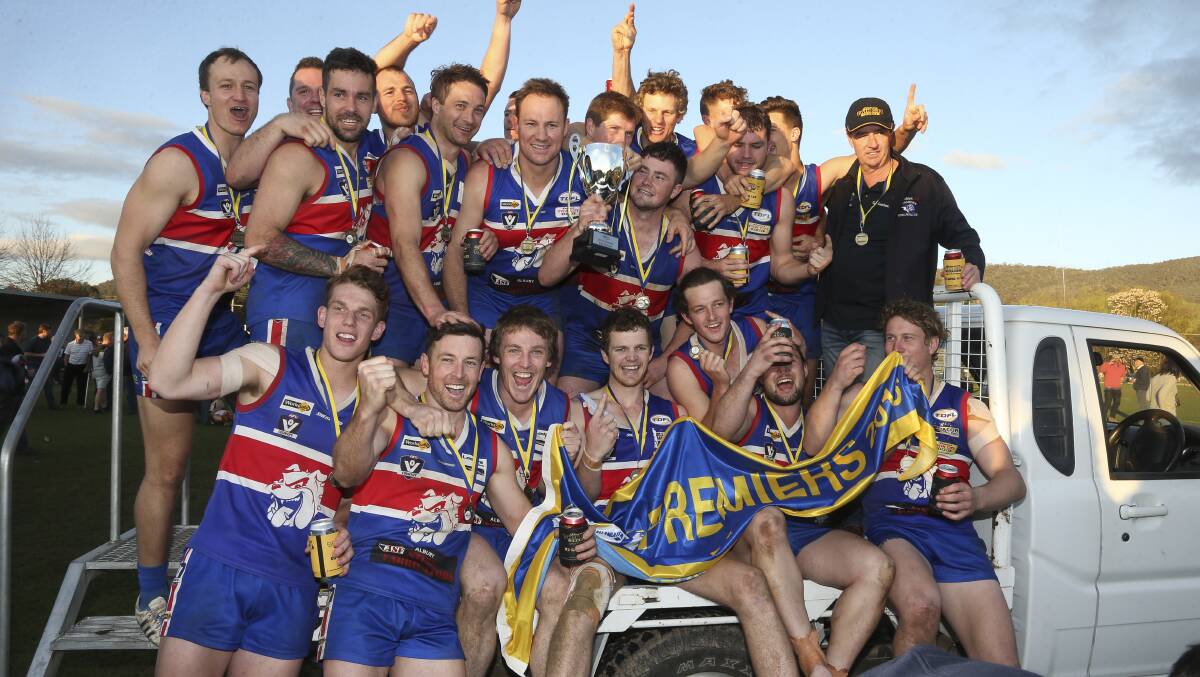 DROUGHT BREAKER: Thurgoona celebrates its first TDFL premiership last season. The Bulldogs could easily claim another this year. Picture: MARK JESSER
