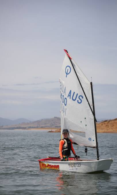 Henry Rotherham, 13, competed in the optimist intermediate at Lake Hume on Sunday. Pictures: JAMES WILTSHIRE