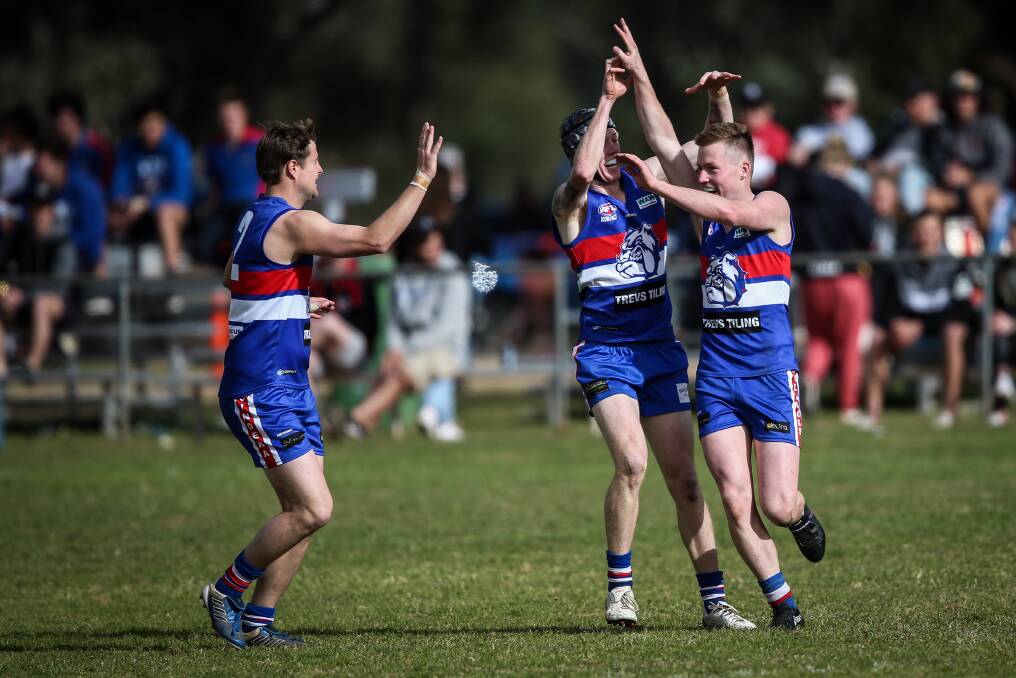PACE TO BURN: Sam Crawshaw celebrates one of his two goals in Jindera's 33-point win over Culcairn at Walbundrie on Saturday. Pictures: JAMES WILTSHIRE