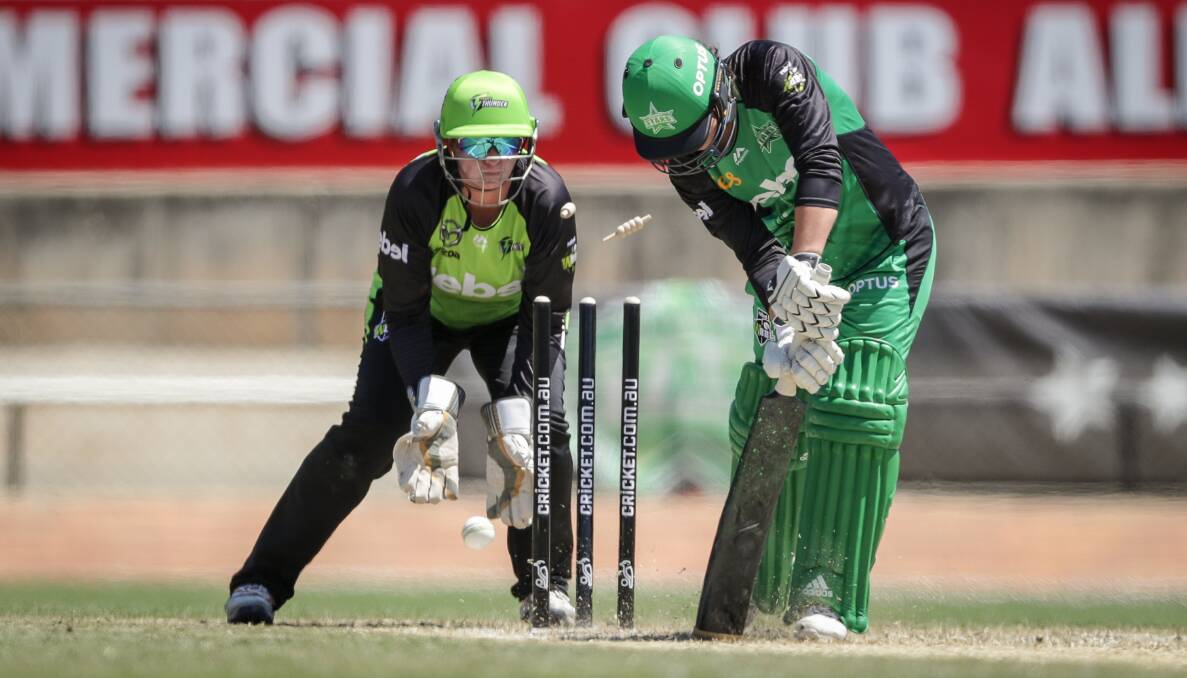 CLEAN BOWLED: Melbourne Stars' Georgia Elwiss is dismissed for a duck by Thunder's Nicola Carey. Thunder romped to an eight-wicket win. Pictures: JAMES WILTSHIRE