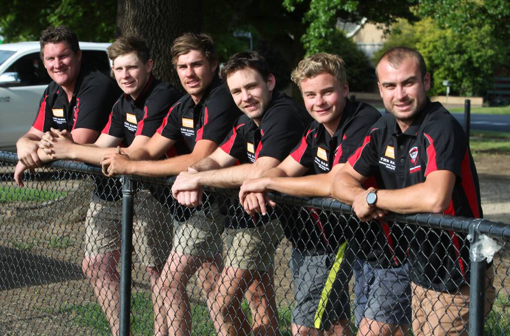 BACK ON DECK: Brent Ohlin, Cody Hewat, Will Stefani, Andrew Hill and Paddy and Jack Stow are among the players to sign with Dederang-Mt Beauty. Picture: CHRIS YOUNG