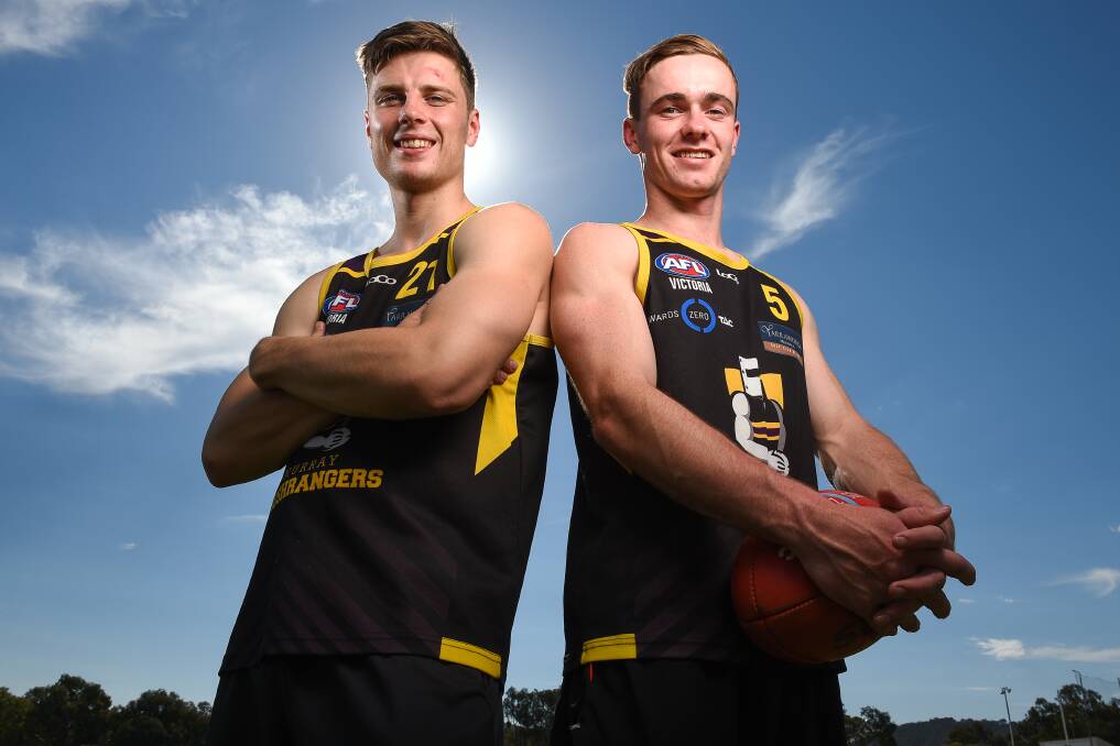 OVER THE MOON: Doulton Langlands (left) has joined good mate
Ben Paton at St KIlda after being rookie listed.
Picture: MARK JESSER