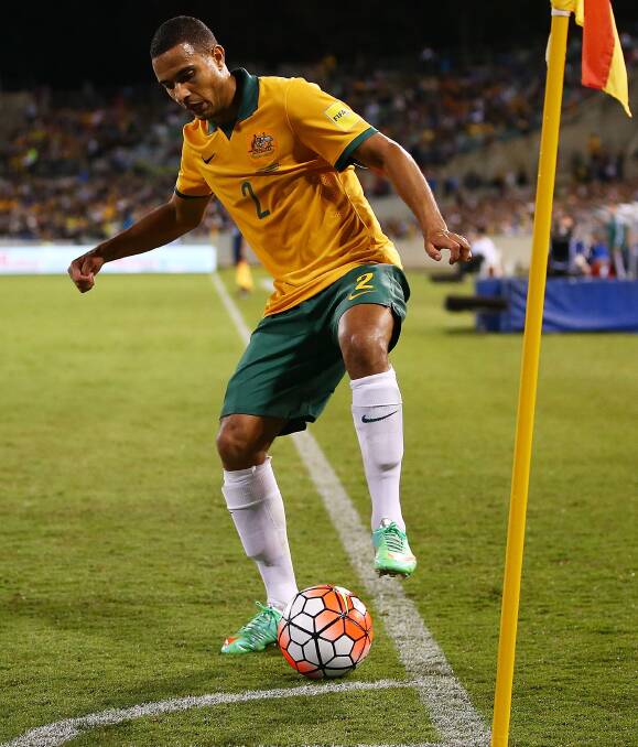Albury-born James Meredith in action for the Socceroos in Canberra on Thursday night. He made an impressive debut for coach Ange Postecoglou.