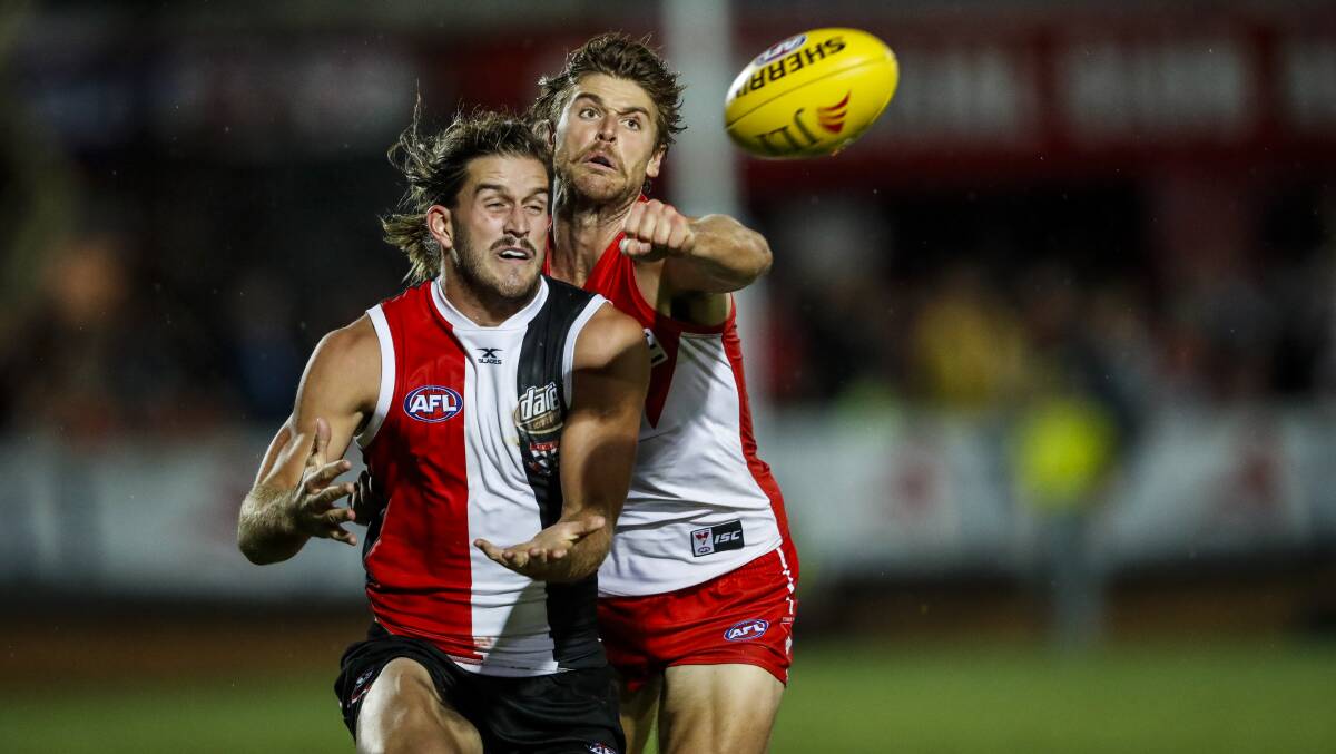 UNDER THE PUMP: St Kilda forward Josh Bruce was given little space by the Sydney Swans defence. He was held goalless in the slippery conditions. Picture: JAMES WILTSHIRE