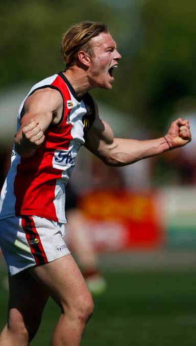 RECRUITED: Classy forward Josh Mellington celebrates one of his six goals for Benalla in this year's Goulburn Valley league grand final at Shepparton.