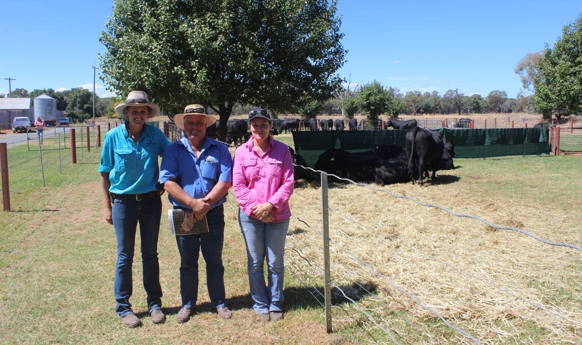 SALE DAY: Ruth Corrigan "Rennylea" with Jamie Beckangsale, Rodwells Mansfield, and Kath Smith "Sparcorp" Mansfield, who bought top-price bull Rennylea L907 for $15,000.