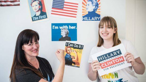 Alison Sainsbury and her daughter Katie are hoping to celebrate a presidential victory for Hillary Clinton. Photo: Wolter Peeters