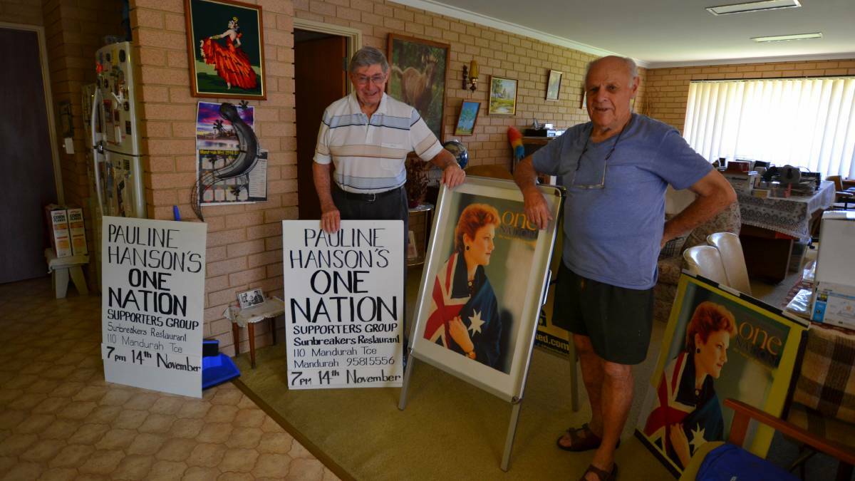 Athol Chester and John Emmott have dusted off their old Pauline Hanson campaign posters ahead of a meeting in Mandurah on November 14. Photo: Nathan Hondros.