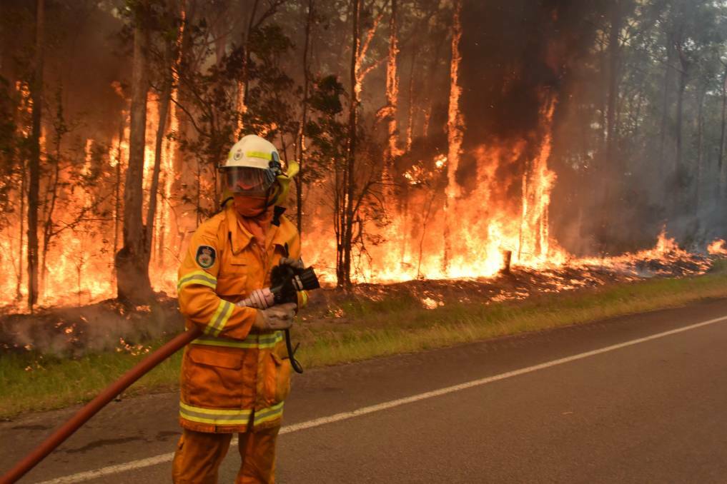 Firefighters battle the Lone Pine blaze from Medowie Road. Picture: Brodie Owen