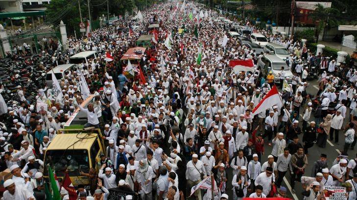 Thousands protest against Jakarta Governor Basuki Tjahaja Purnama in Jakarta on Friday. Photo: Roni Bintang
