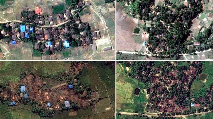 Handout satellite images of two villages in Rakhine state, Myanmar, before and after they were destroyed: Kyet Yoe Pyin is shown at left on March 30 and November 10, 2016, and Wa Peik in 2014 and on November 10, 2016. Photo: Human Rights Watch via New York Times
