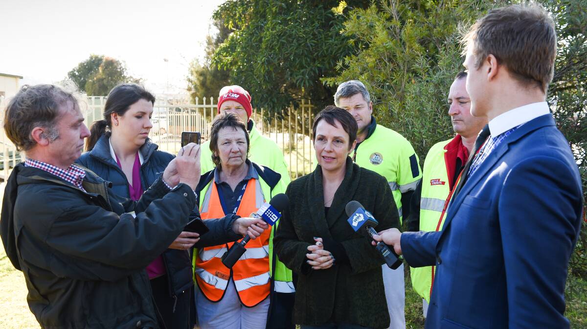 Not happy: Victorian Regional Development Minister Jaala Pulford speaking to the media outside Murray Goulburn's Kiewa plant. She wants the company to be more transparent about its plans for its Kiewa factory