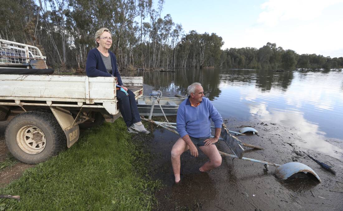 Unsatisfied: Heather Kerr and Maurice Wilson at their Corowa property. They were left disappointed by answers to their questions about the management of Lake Hume. 