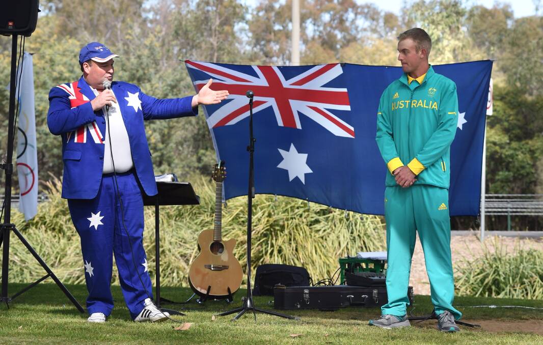 Voice of Corowa: Shaun Whitechurch in one of his event hosting roles in 2016 when Olympic shooter James Willett returned for a civic reception.