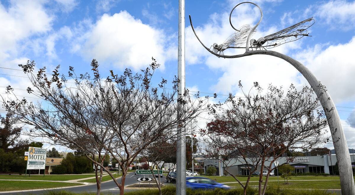Roundabout decoration: The dragonflies sculpture erected at the intersection of Wodonga's Melbourne Road and Moorefield Park Drive.