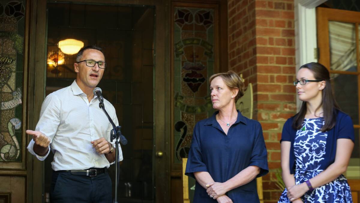 Call to change the date: Greens leader Richard Di Natale with Indigo mayor Jenny O'Connor and Albury councillor Amanda Cohn during a visit to Beechworth.