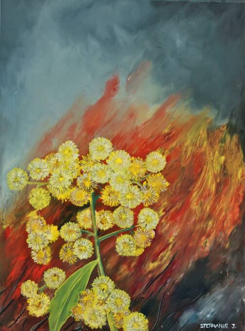 National flower: A golden wattle under siege from fire. It is one of a series of floral images painted by Stephanie Jakovac for her exhibition Regenerate. 