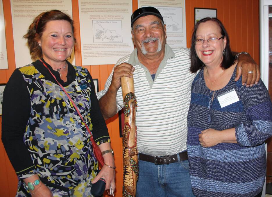 Celebration: Karen Wykes with Dhudhuroa man Uncle Ollie Patten and Alpine Shire councillor Kate Farrell at the museum's opening last year.
