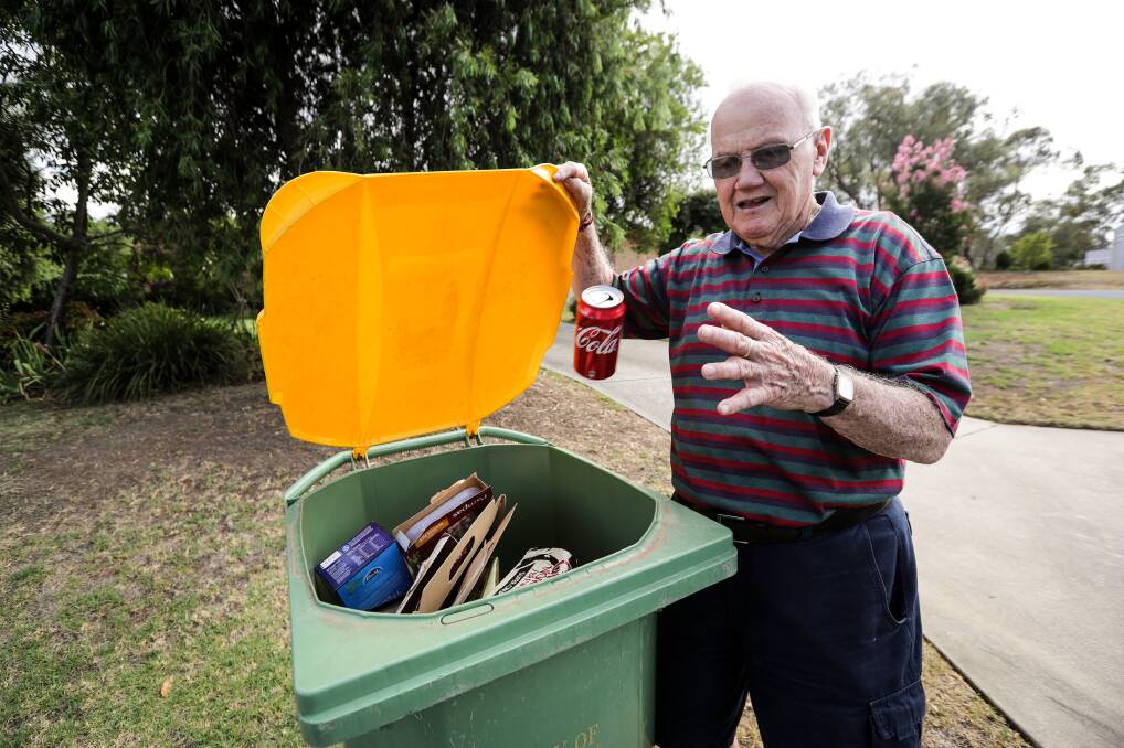 In it goes: West Albury resident Geoff Nye will continue to bin cans and bottles because he does not believe it is worth his time to put them through vending machines at Norris Park or Springdale Heights. Picture: JAMES WILTSHIRE