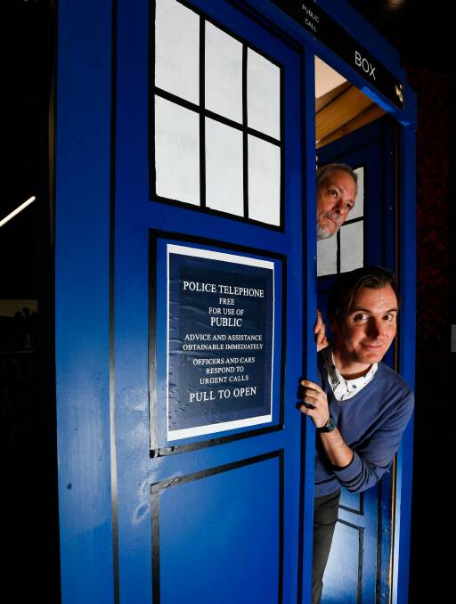 TIME travellers: Tardis maker David Chandler with actor Rob Lloyd at the launch of the Write Around The Murray Festival at the Albury library. Picture: MARK JESSER 