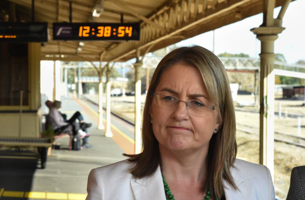 Using the platform: Victorian Transport Minister Jacinta Allan addresses the media at Wangaratta railway station on Wednesday afternoon. Picture: MARK JESSER