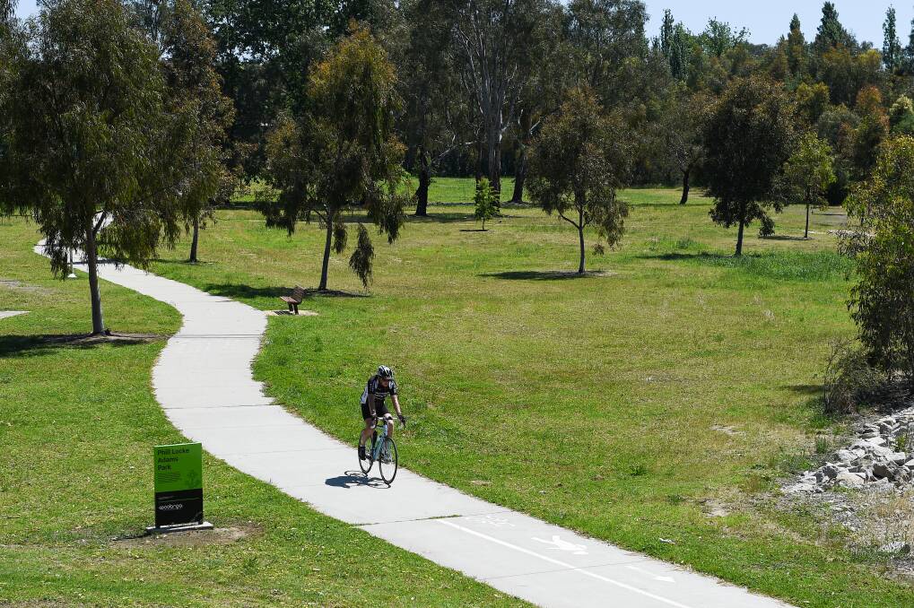 You count: A cyclist rides south through Wodonga's Phil Locke Adams Park near Melbourne Road. Recording straps are on the path behind him. Picture: MARK JESSER