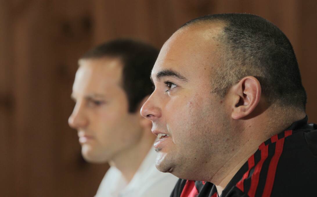 Different contest: Boomers FC coach Andrew Grove and Mario Antonello in 2013. They both gave evidence in Wangaratta Court on Friday.