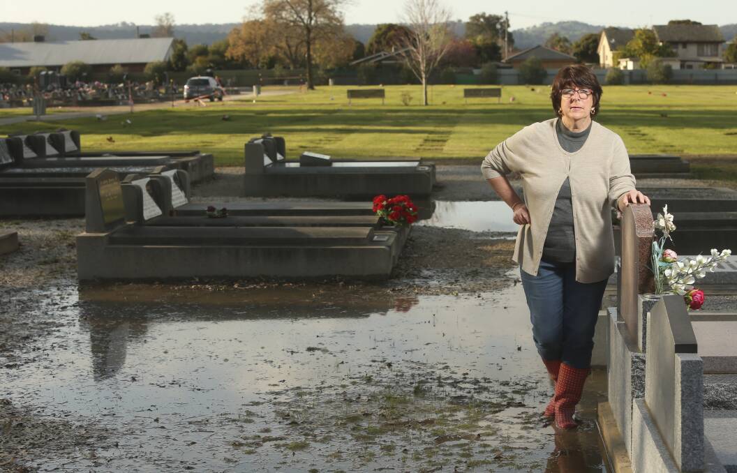Grave situation: Denise Stewart at the Waugh Road cemetery in September last year when plaques on plots in the grassed section could not be read because of water massing. Picture: ELENOR TEDENBORG