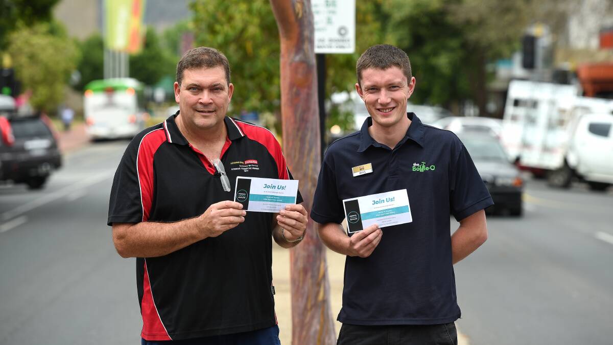 Wanting new traders: Greg Haysom and Rhys Torpy with flyers for their Wodonga Retailers launch being held on Monday. Picture: MARK JESSER