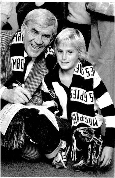 The way they were: Lou Richards with Jeff Morgan at Lavington Square in 1983. He still has the scarf and jumper.